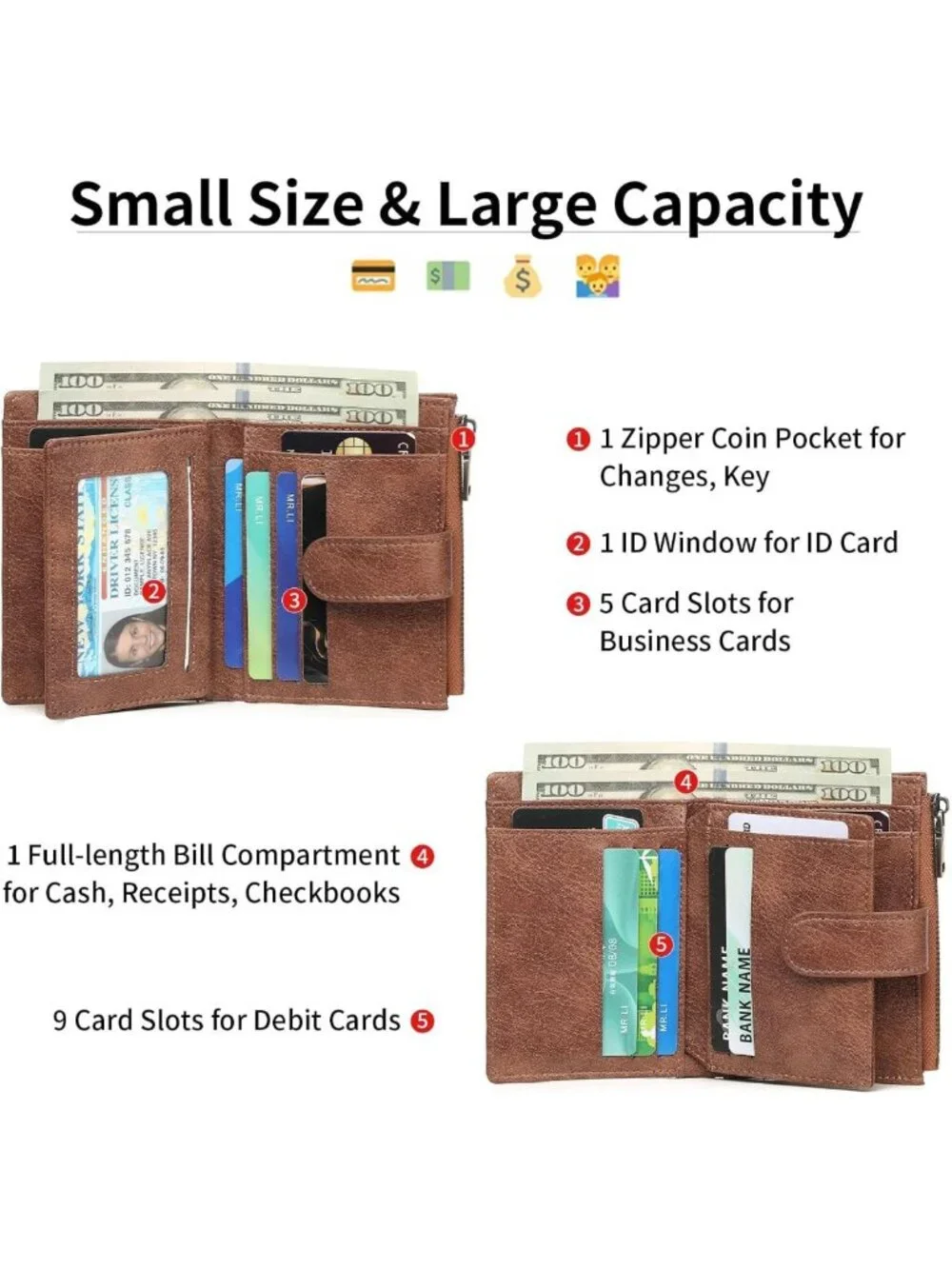 Vegan Leather Small Wallet for Women | RFID Blocking Bifold with Zipper Pocket